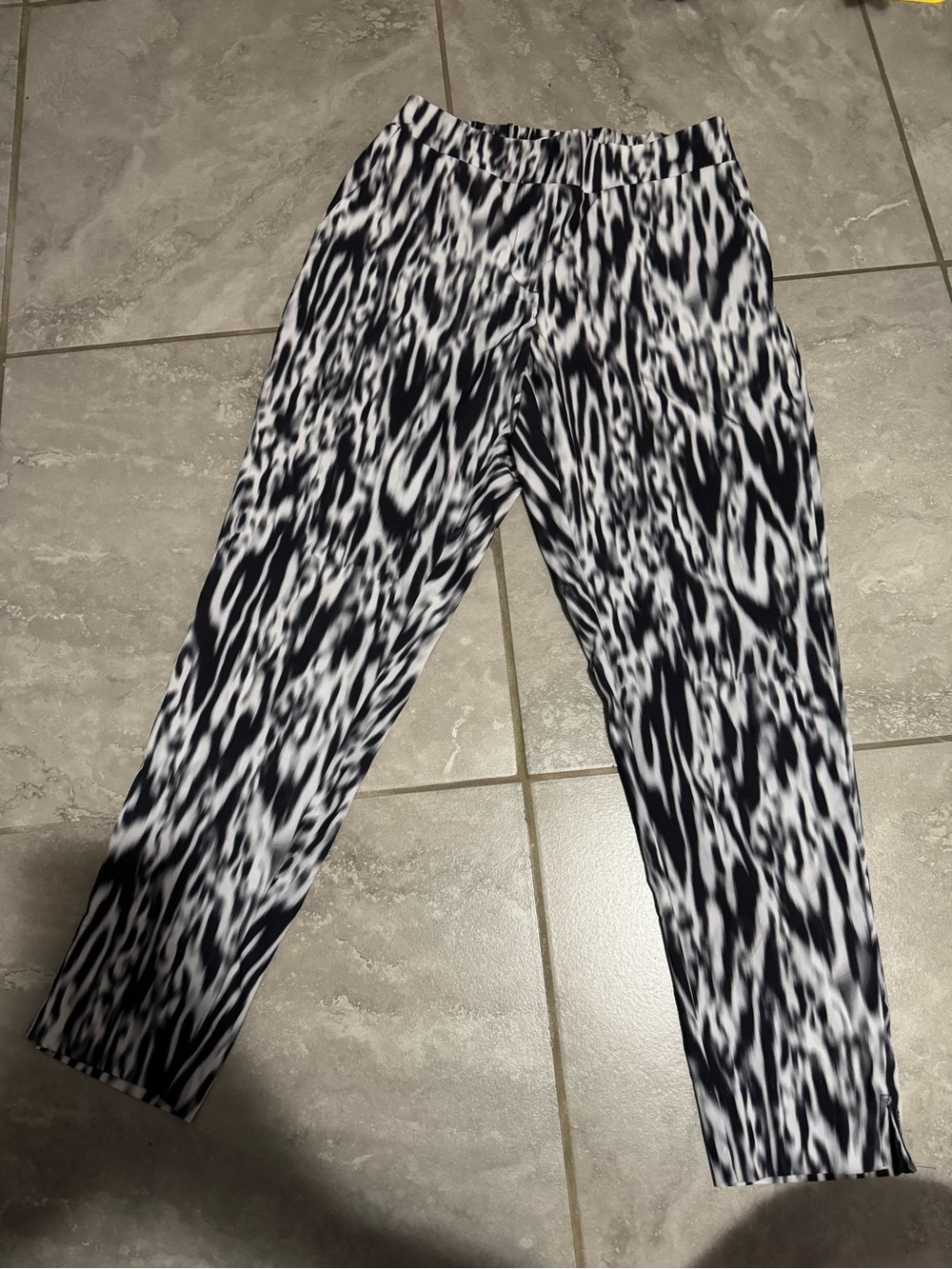 Calvin Klein Black and White Striped Abstract Waistband Pants